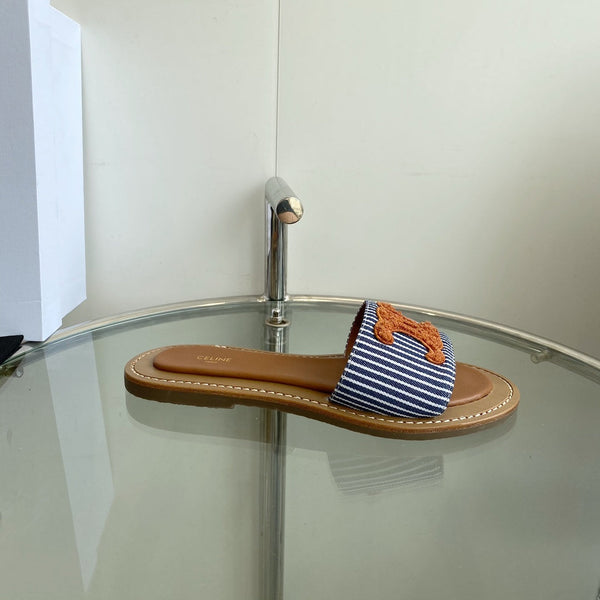 CELINE 25 Slippers Blue Stripe Orange Denim 285981