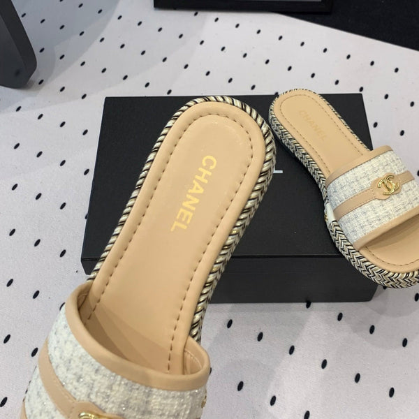 mule sandal white tweed beige calfskin