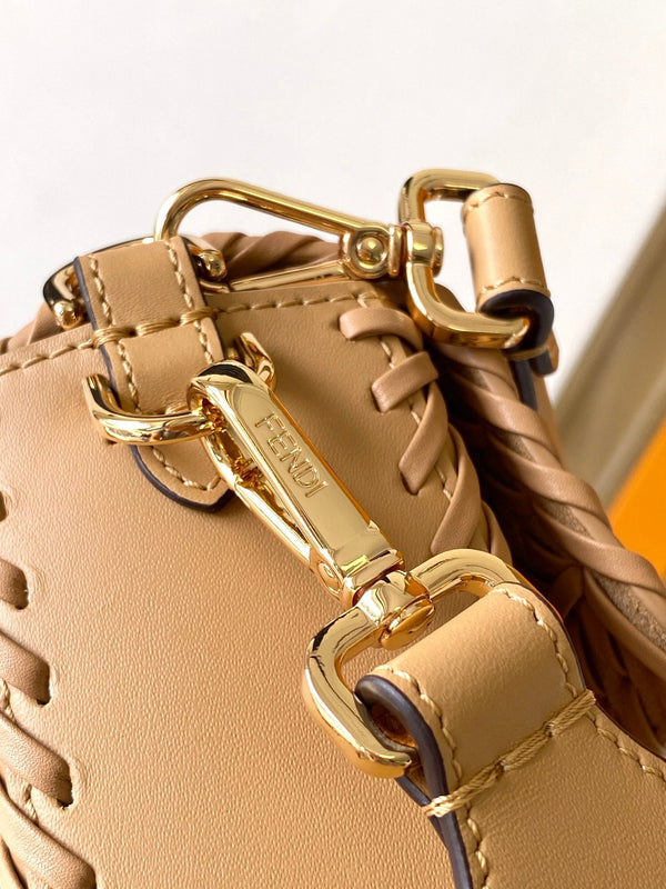 Fend Baguette 27 Bag Brown Beige Sand interlaced leather Ghw