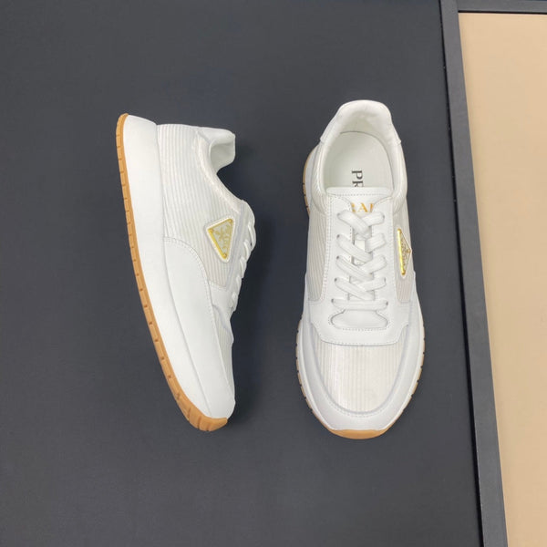 PRA SNEAKER IN WHITE CALFSKIN AND FABRIC WITH GOLDEN LOGO