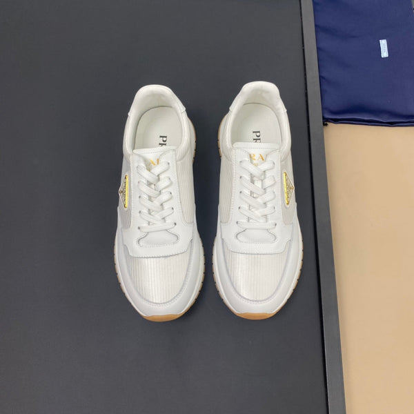PRA SNEAKER IN WHITE CALFSKIN AND FABRIC WITH GOLDEN LOGO