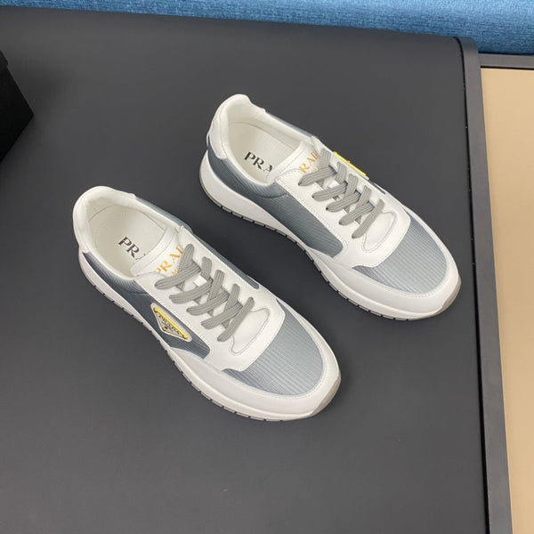 PRA SNEAKER IN WHITE CALFSKIN AND SILVER FABRIC WITH GOLDEN LOGO