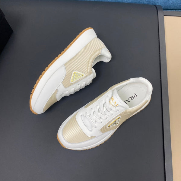 PRA SNEAKER IN WHITE CALFSKIN AND GOLD FABRIC WITH GOLDEN LOGO