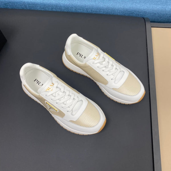 PRA SNEAKER IN WHITE CALFSKIN AND GOLD FABRIC WITH GOLDEN LOGO