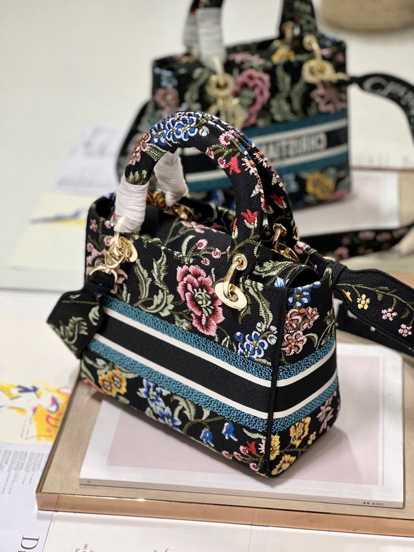 CD Flower Black Lady Dior Bag Canvas 336670