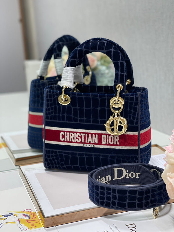 Borsa Lady Dior in velluto con motivo coccodrillo 24 in tela CD 336657