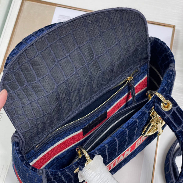 Borsa Lady Dior in velluto con motivo coccodrillo 24 in tela CD 336657