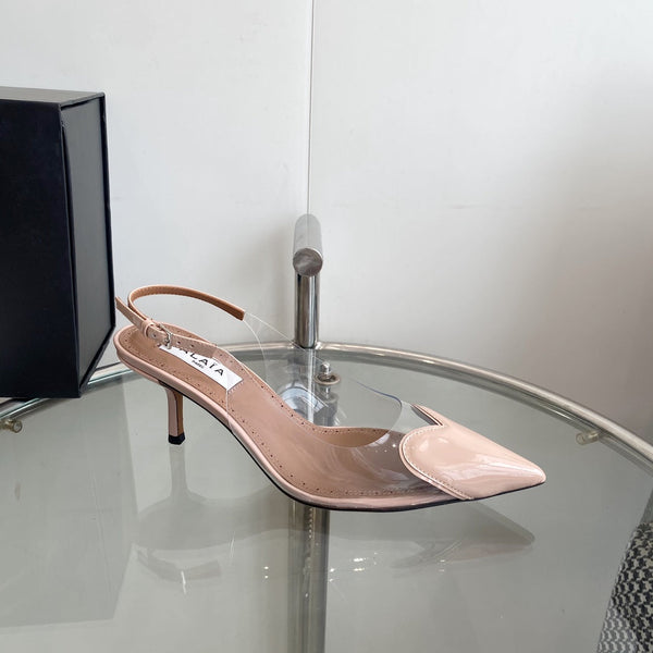 SLINGBACK ALAIA ALTA 6 CM IN VITELLO VERNICIATO BEIGE CREMA E FILM