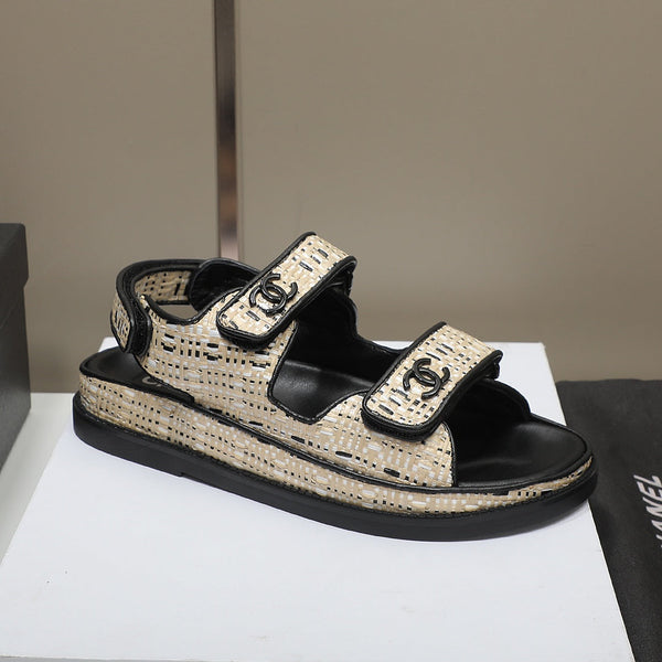 CC Dad Sandal Beige Black Woven Black Calfskin