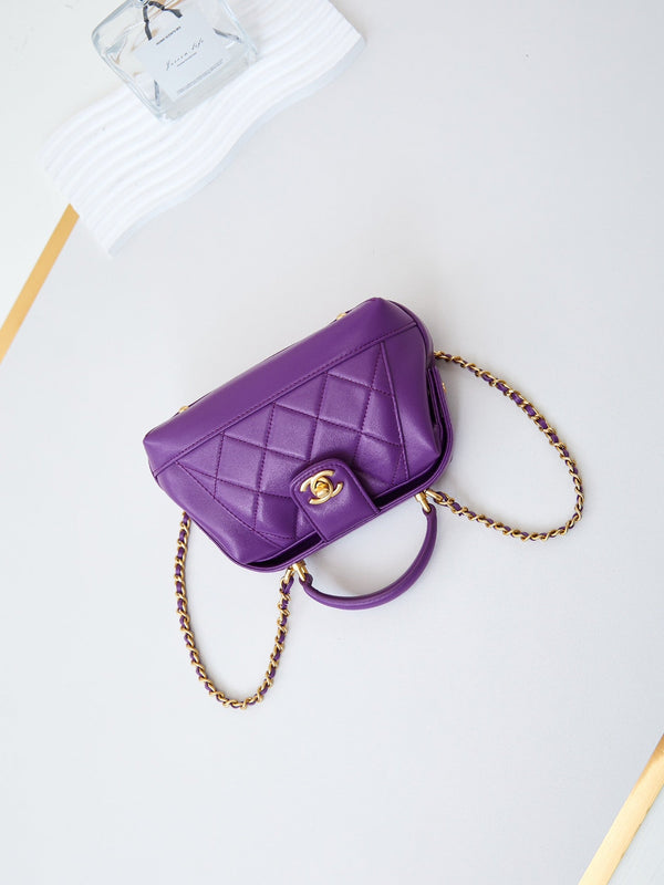 CC 24A Maniglia superiore 18 cm Pelle cerata viola Hardware dorato 238467