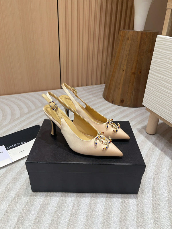 CC SLINGBACKS ALTI IN RASO CREMA BEIGE E PELLE DI AGNELLO