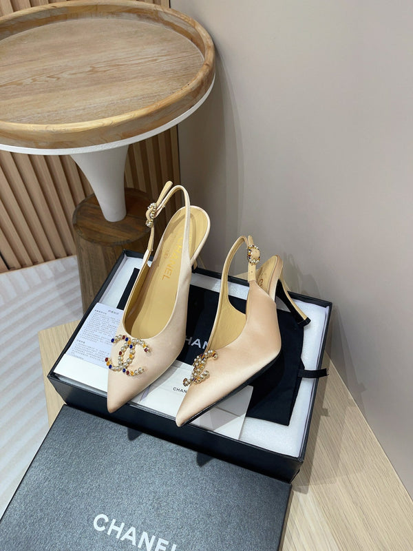 CC SLINGBACKS ALTI IN RASO CREMA BEIGE E PELLE DI AGNELLO