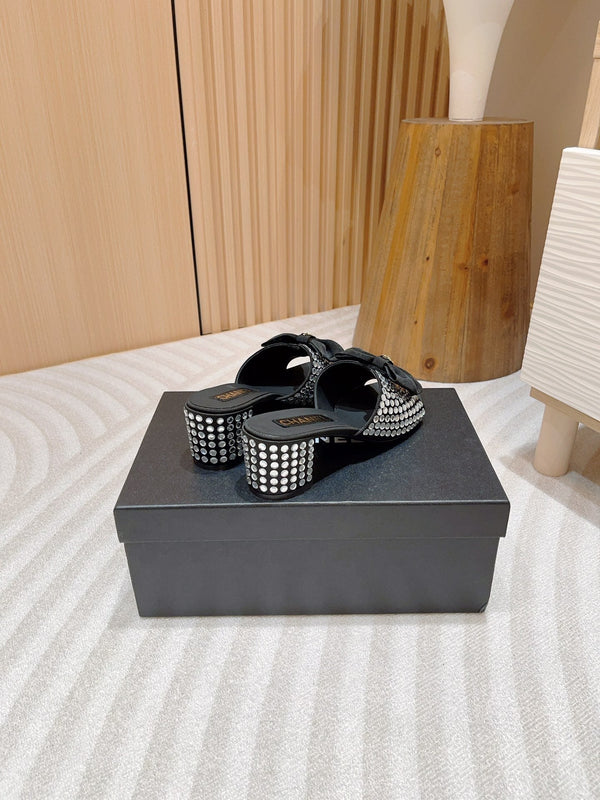 CC HIGH HEEL BLACK SATIN WITH WHITE RHINESTONES