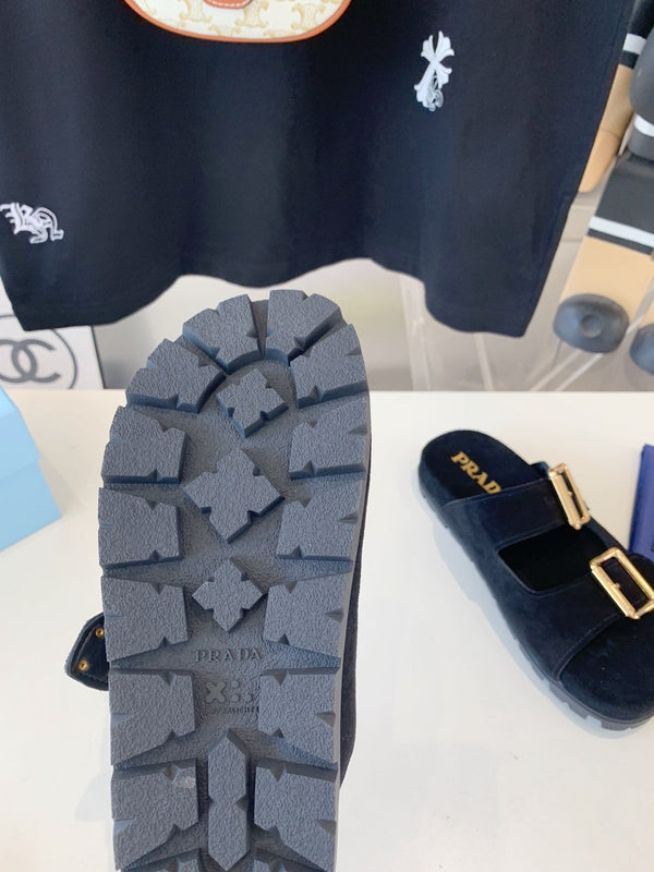 PRA STRAP SLIDES SANDALS BLACK SUEDE