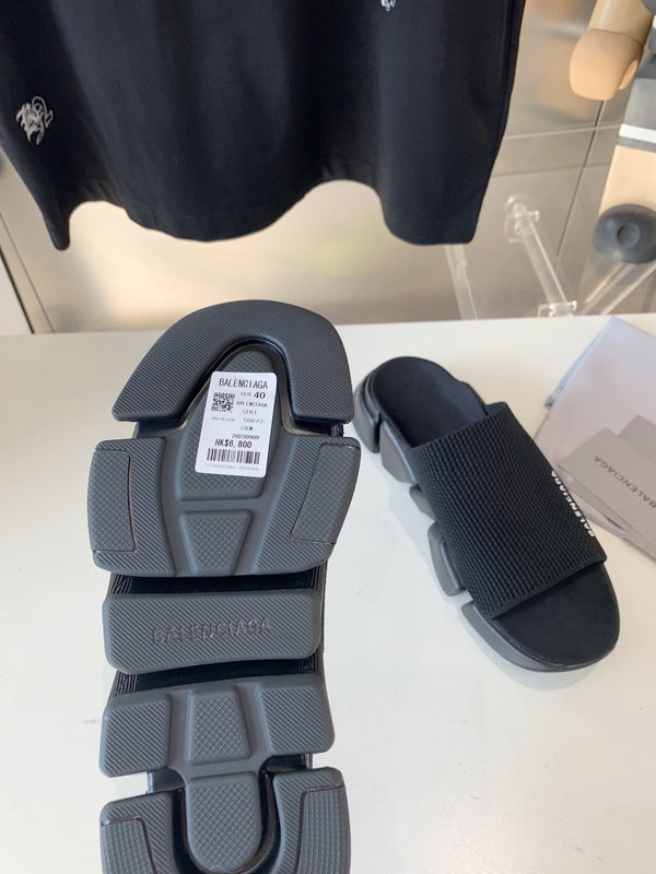 SPEED 2.0 SLIDE SANDAL IN BLACK RECYCLED KNIT AND BLACK SOLE