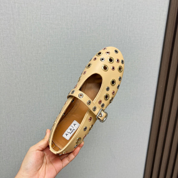 SCARPE MARY JANE ALAIA IN PELLE DI AGNELLO BEIGE CREMA E FERRAMENTA IN ARGENTO E ORO