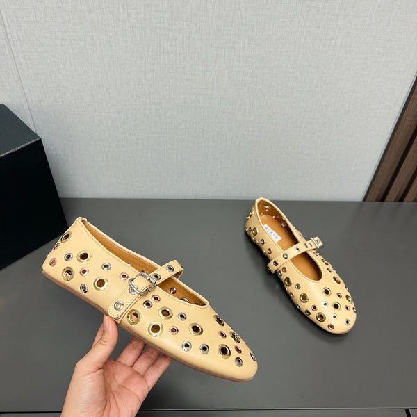 SCARPE MARY JANE ALAIA IN PELLE DI AGNELLO BEIGE CREMA E FERRAMENTA IN ARGENTO E ORO