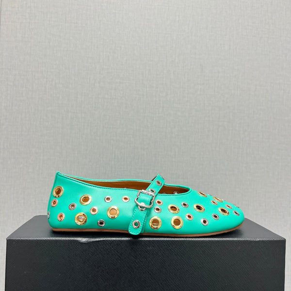 ALAIA MARY JANE SHOES IN GREEN MINT LAMBSKIN GOLD MIX SILVER HARDWARE