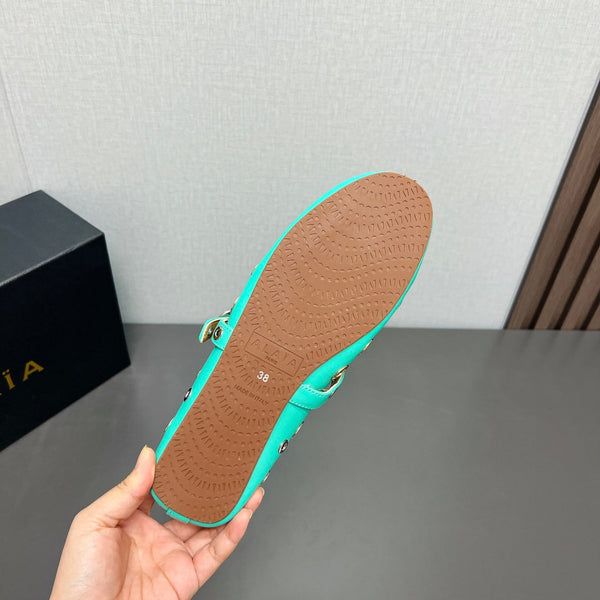 ALAIA MARY JANE SHOES IN GREEN MINT LAMBSKIN GOLD MIX SILVER HARDWARE