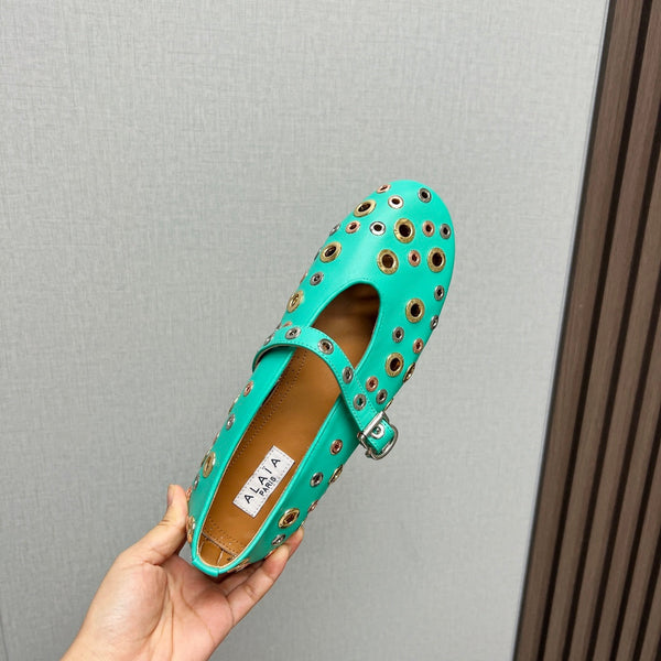 ALAIA MARY JANE SHOES IN GREEN MINT LAMBSKIN GOLD MIX SILVER HARDWARE