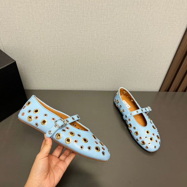 ALAIA MARY JANE SHOES IN LIGHT BLUE LAMBSKIN GOLD MIX SILVER HARDWARE