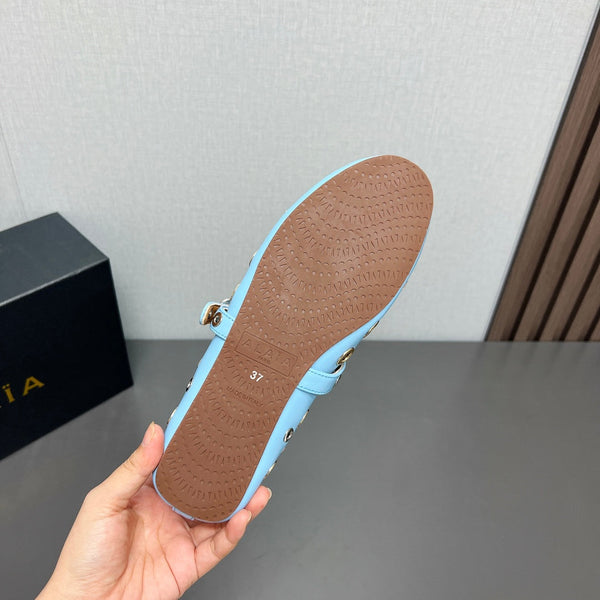 ALAIA MARY JANE SHOES IN LIGHT BLUE LAMBSKIN GOLD MIX SILVER HARDWARE