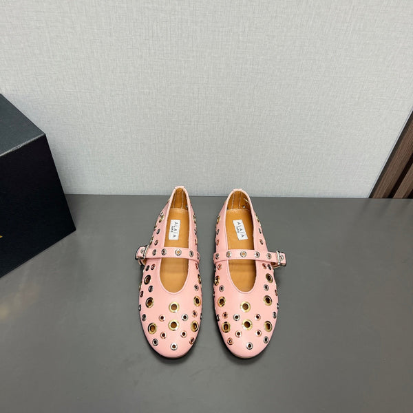 SCARPE MARY JANE ALAIA IN PELLE DI AGNELLO ROSA CHIARO CON FERRAMENTA IN ARGENTO E ORO