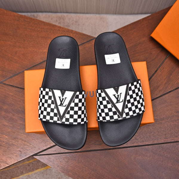 LV SLIPPERS IN BLACK MIX WHITE DAMIER CALFSKIN WITH WHITE LOGO