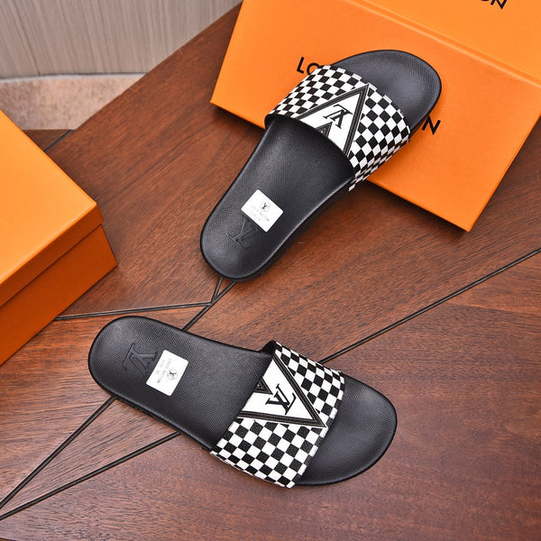 LV SLIPPERS IN BLACK MIX WHITE DAMIER CALFSKIN WITH WHITE LOGO
