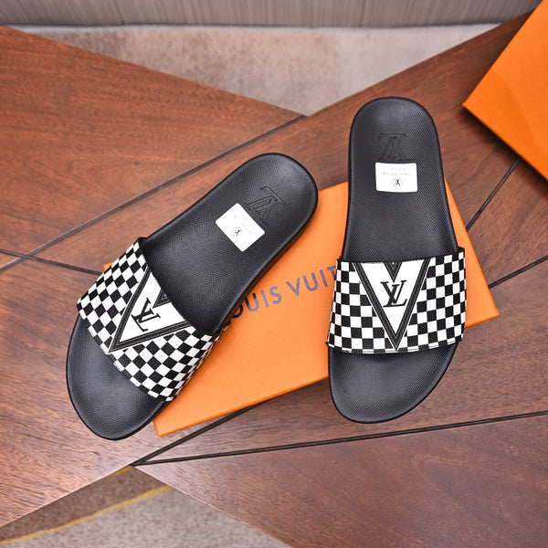 LV SLIPPERS IN BLACK MIX WHITE DAMIER CALFSKIN WITH WHITE LOGO
