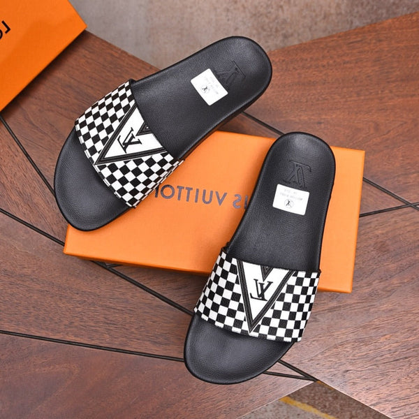 LV SLIPPERS IN BLACK MIX WHITE DAMIER CALFSKIN WITH WHITE LOGO