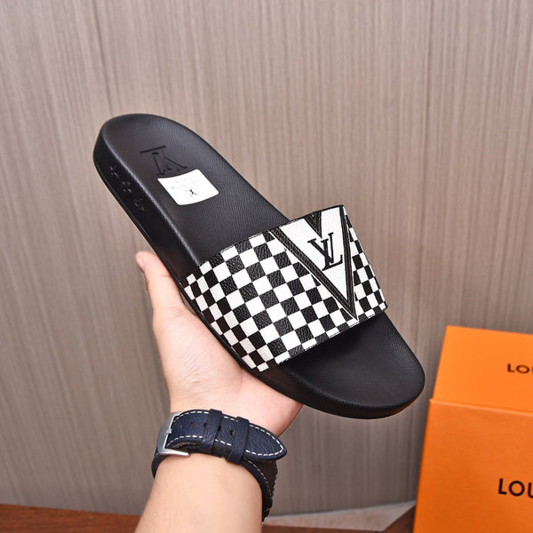 LV SLIPPERS IN BLACK MIX WHITE DAMIER CALFSKIN WITH WHITE LOGO