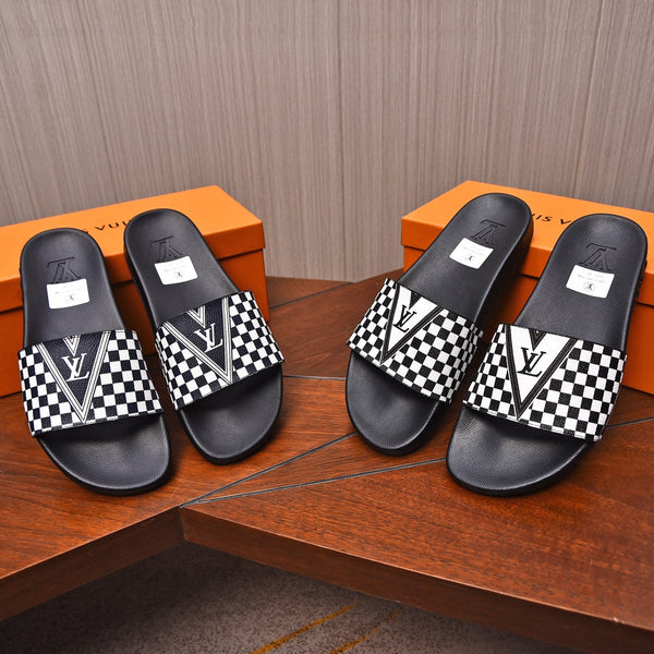 LV SLIPPERS IN BLACK MIX WHITE DAMIER CALFSKIN WITH WHITE LOGO