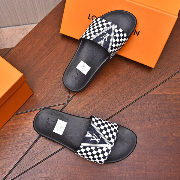 LV SLIPPERS IN BLACK MIX WHITE DAMIER CALFSKIN