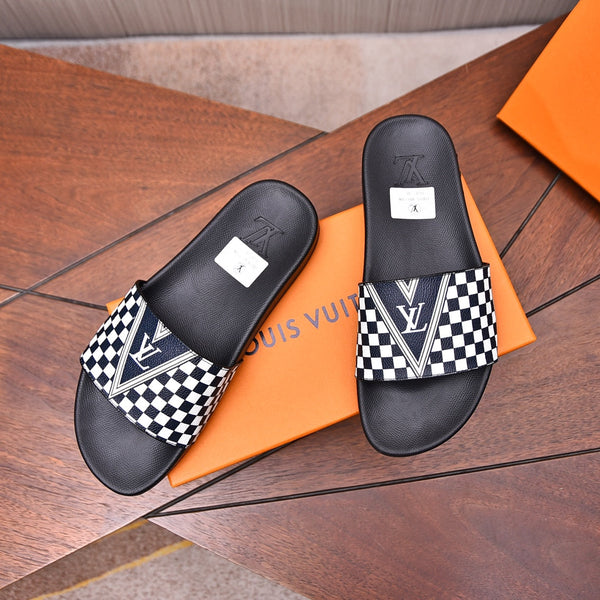 LV SLIPPERS IN BLACK MIX WHITE DAMIER CALFSKIN
