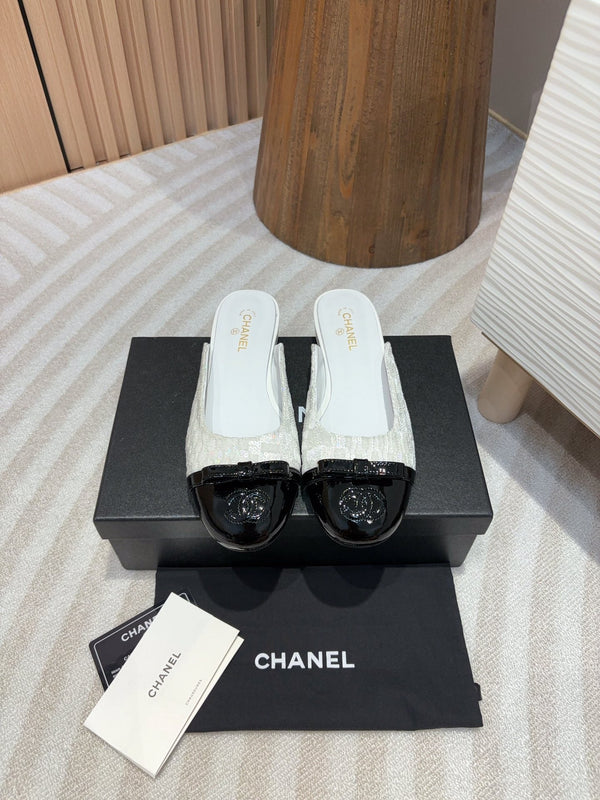 cc mule white tweed sequin black patent calfskin