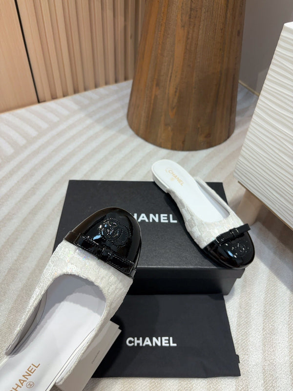 cc mule white tweed sequin black patent calfskin