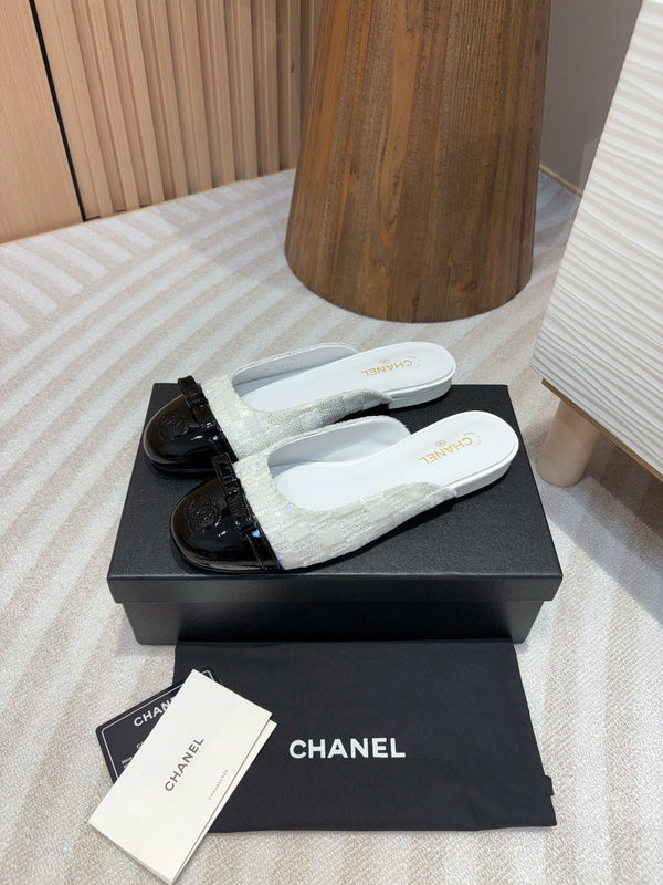 cc mule white tweed sequin black patent calfskin