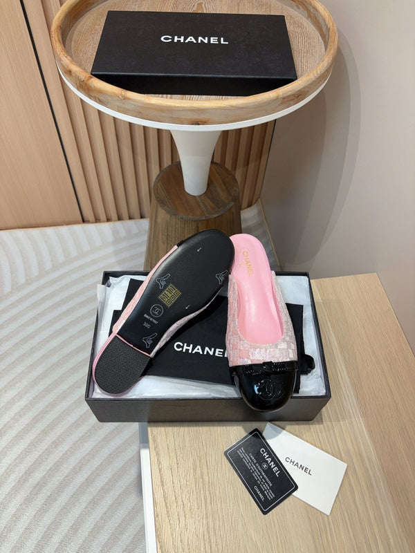 cc mule pink tweed sequin black patent calfskin