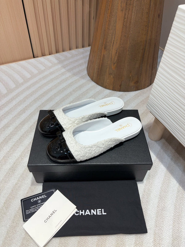 cc mule white tweed black patent calfskin