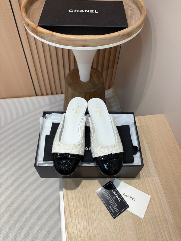 cc mule white tweed black patent calfskin