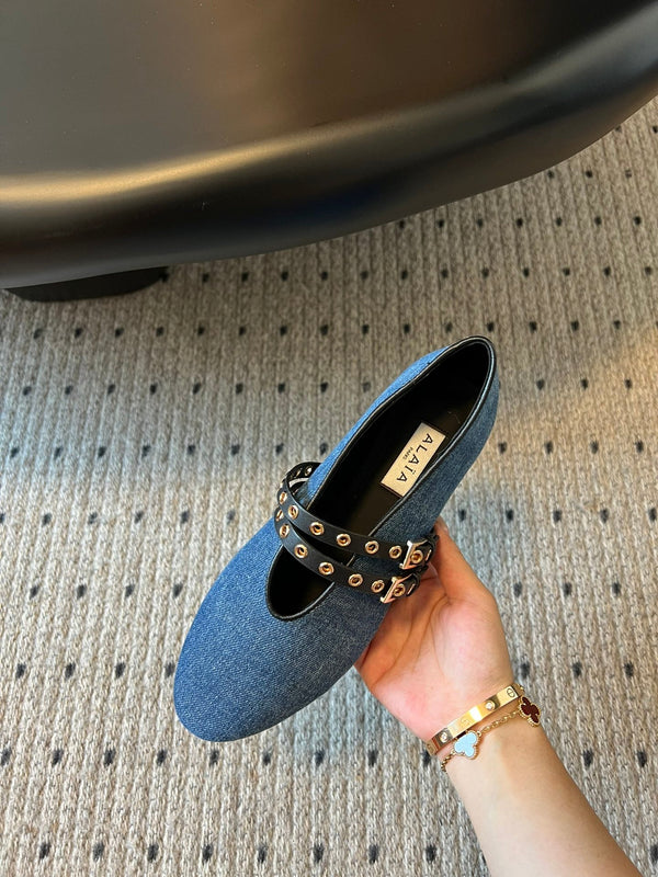 ALAIA MARY JANE SHOES IN CERULEAN BLUE ZP CUSTOM STRAW AND DENIM