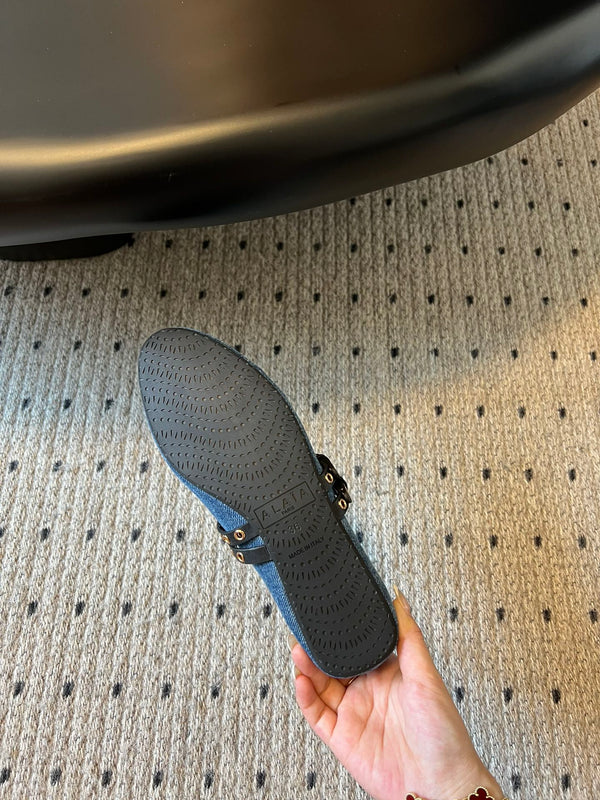 ALAIA MARY JANE SHOES IN CERULEAN BLUE ZP CUSTOM STRAW AND DENIM