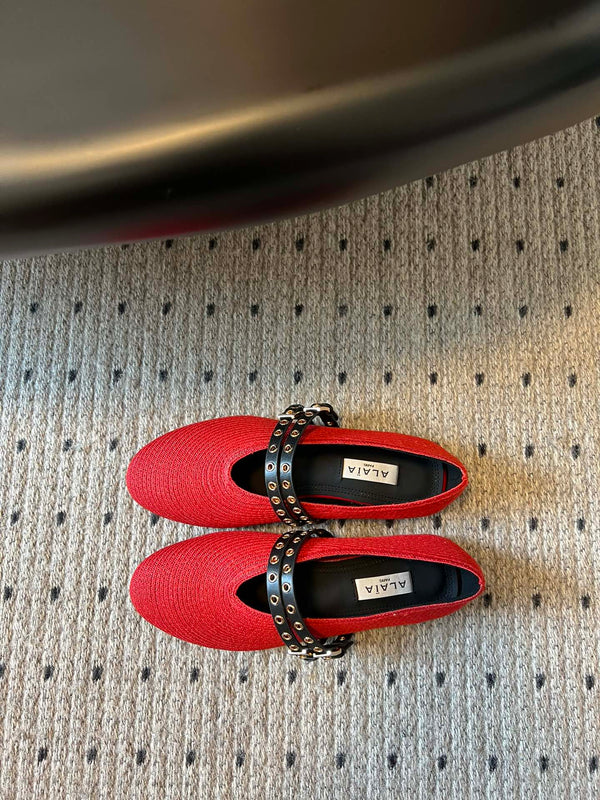 ALAIA MARY JANE SHOES IN CHERRY RED ZP CUSTOM STRAW AND DENIM