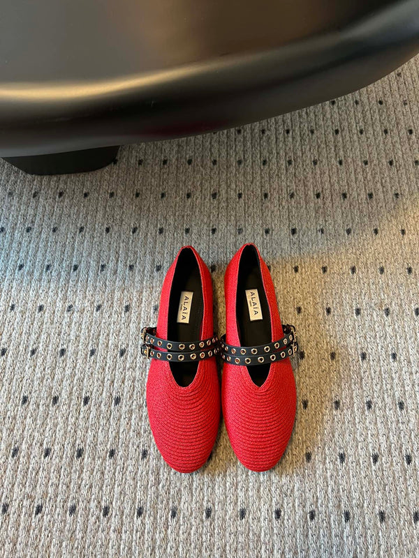 ALAIA MARY JANE SHOES IN CHERRY RED ZP CUSTOM STRAW AND DENIM