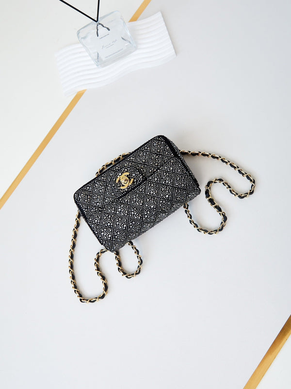 24b mini flap bag  20cm black lambskin silver diamond