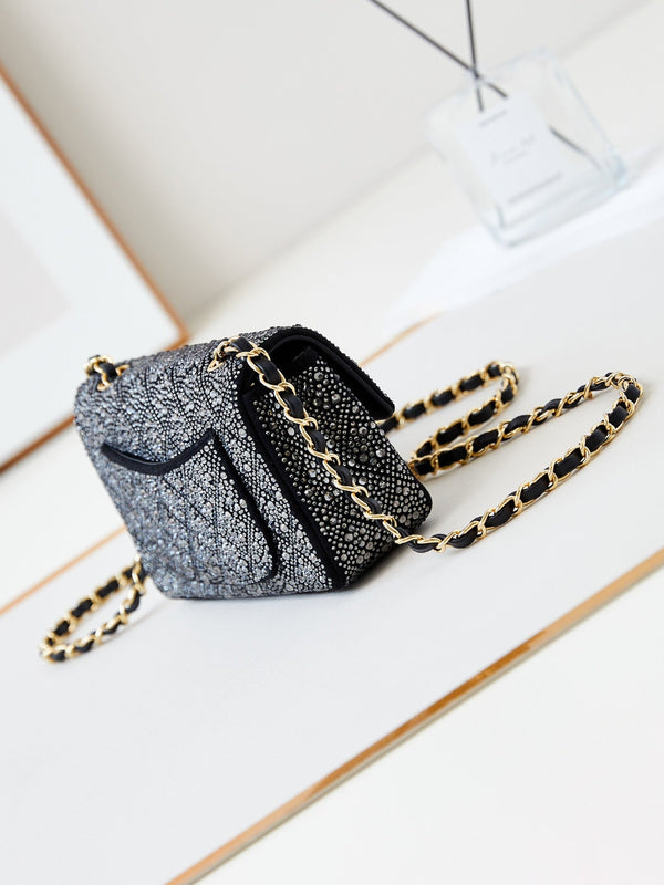 24b mini flap bag  20cm black lambskin silver diamond