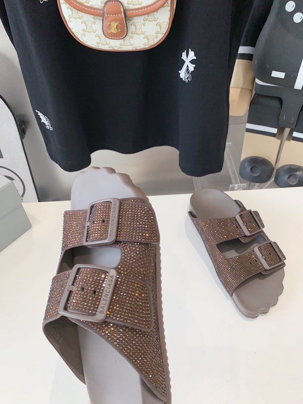 BIRKENSTOCK SLIPPERS ATTACHED RHINESTONES IN BROWN CALFSKIN