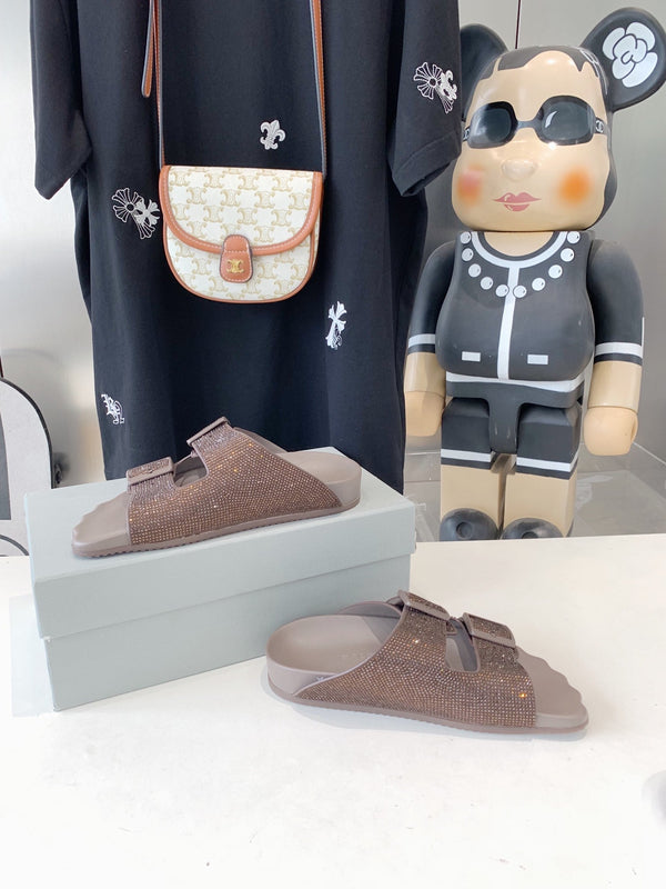 BIRKENSTOCK SLIPPERS ATTACHED RHINESTONES IN BROWN CALFSKIN