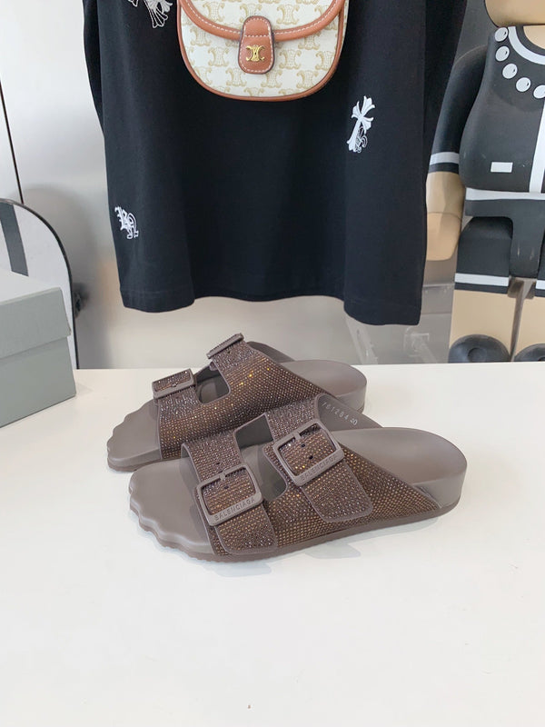 BIRKENSTOCK SLIPPERS ATTACHED RHINESTONES IN BROWN CALFSKIN